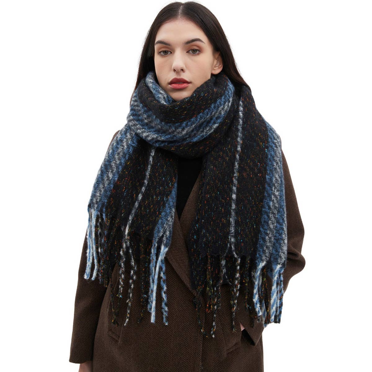 Striped Fringe Scarf ??Winter Knitted Shawl_CWASC0880
