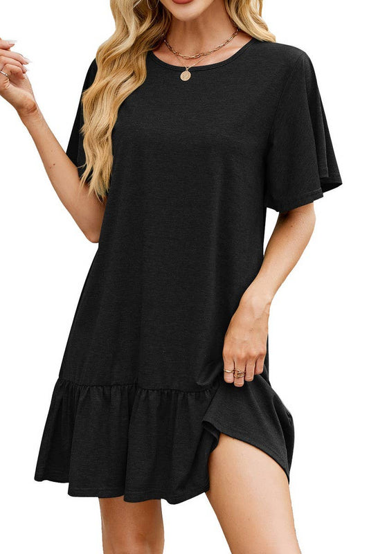 CWDSD7433_SOLID COLOR LOOSE SHORT SLEEVE PLEATED DRESS