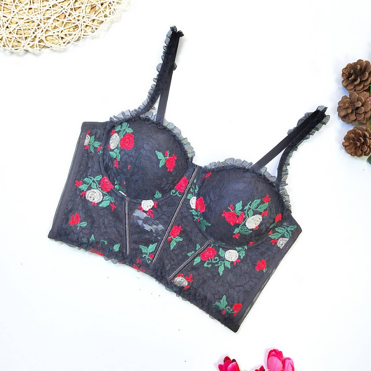 LACE FLORAL EMBROIDERY HERRINGBONE CORSET