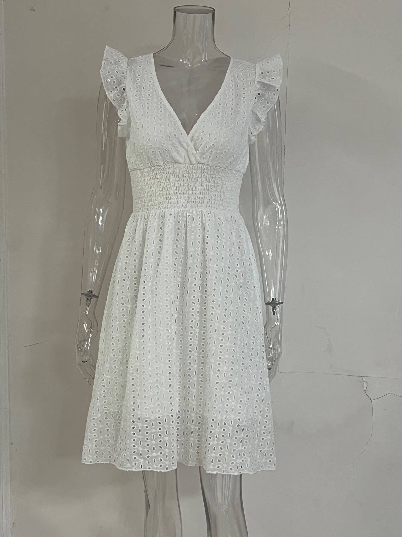 V-neck hollowed-out floral cinched-waist dress