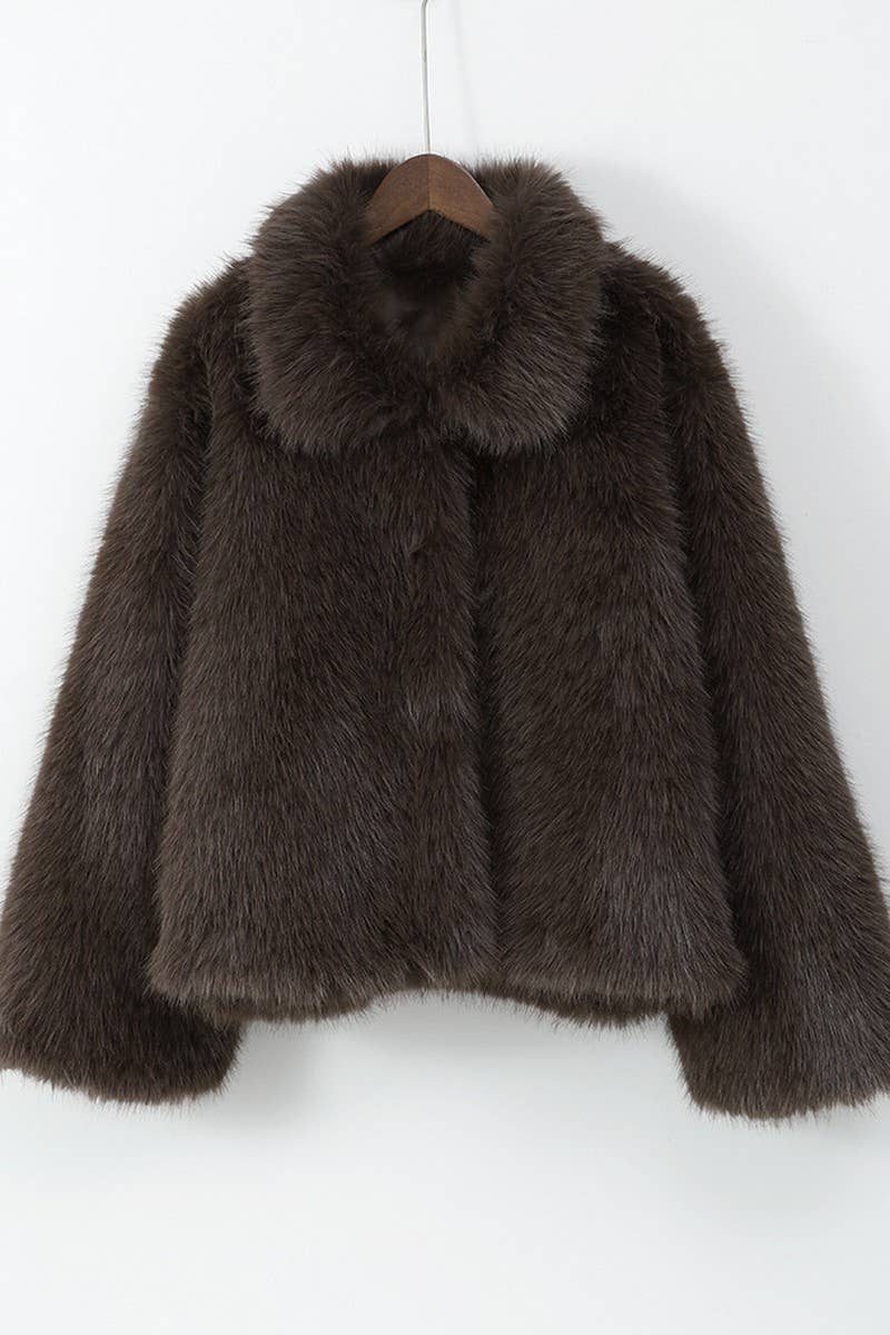 CWOCO0966_BROWN LAPEL PLUSH LOOSE FUR COAT
