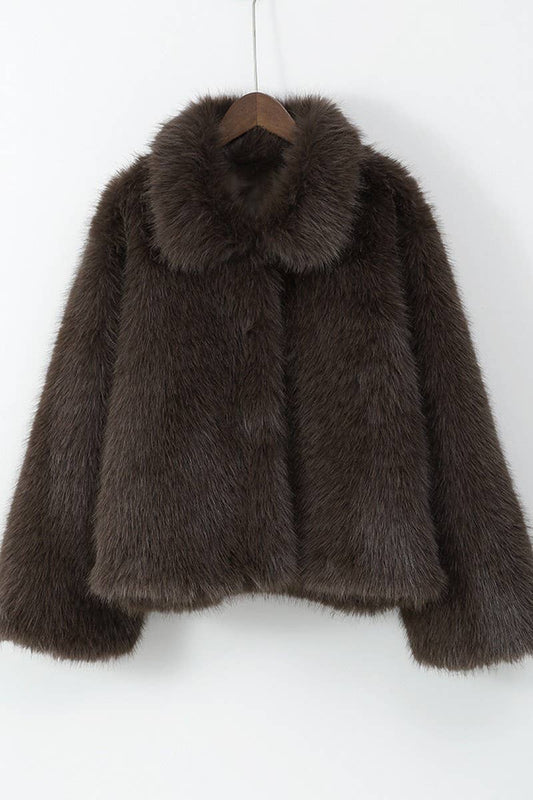 CWOCO0966_BROWN LAPEL PLUSH LOOSE FUR COAT
