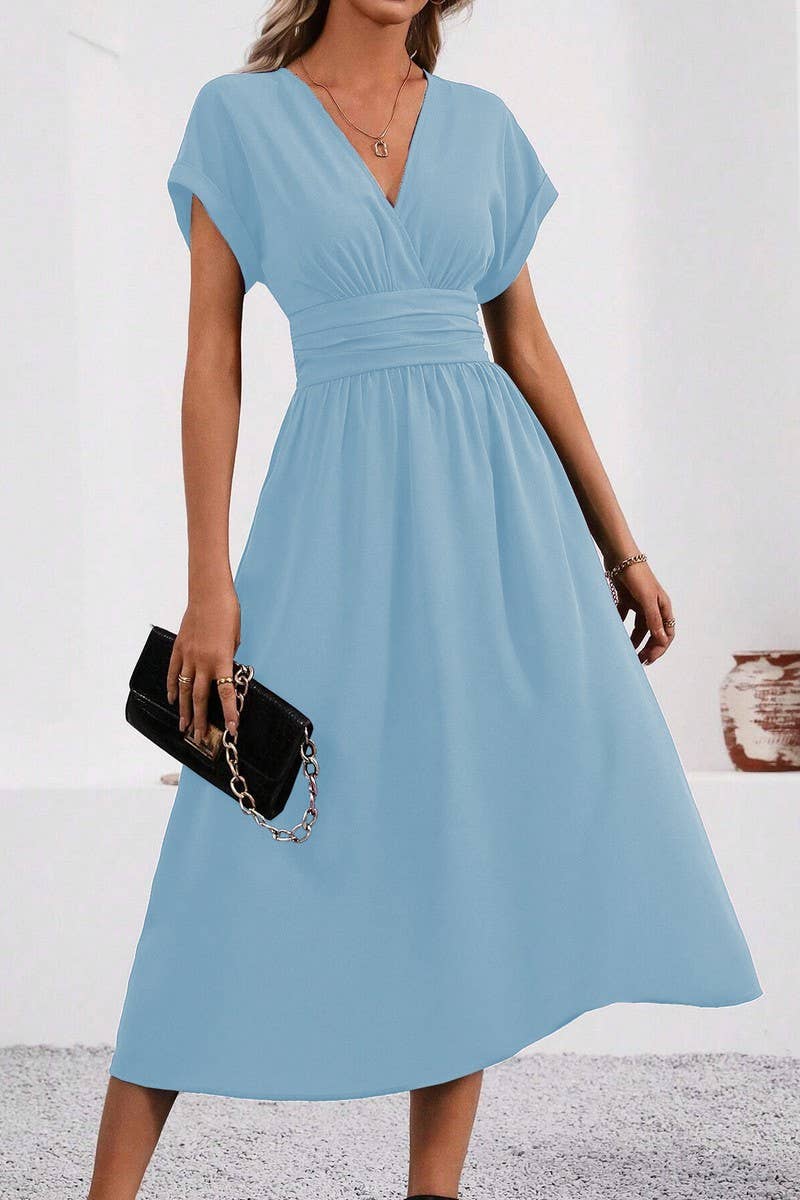 CWDMD4648_SOLID COLOR V-NECK BAT SLEEVE LONG DRESS