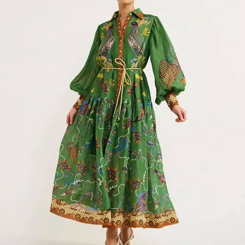 LANTERN SLEEVE PRINTED LAPEL LONG-SLEEVED DRESS