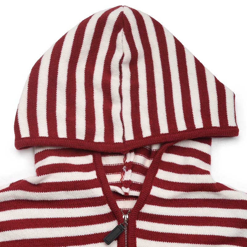 V-NECK STRIPED PULLOVER HALF-ZIP HOODED SWEATER