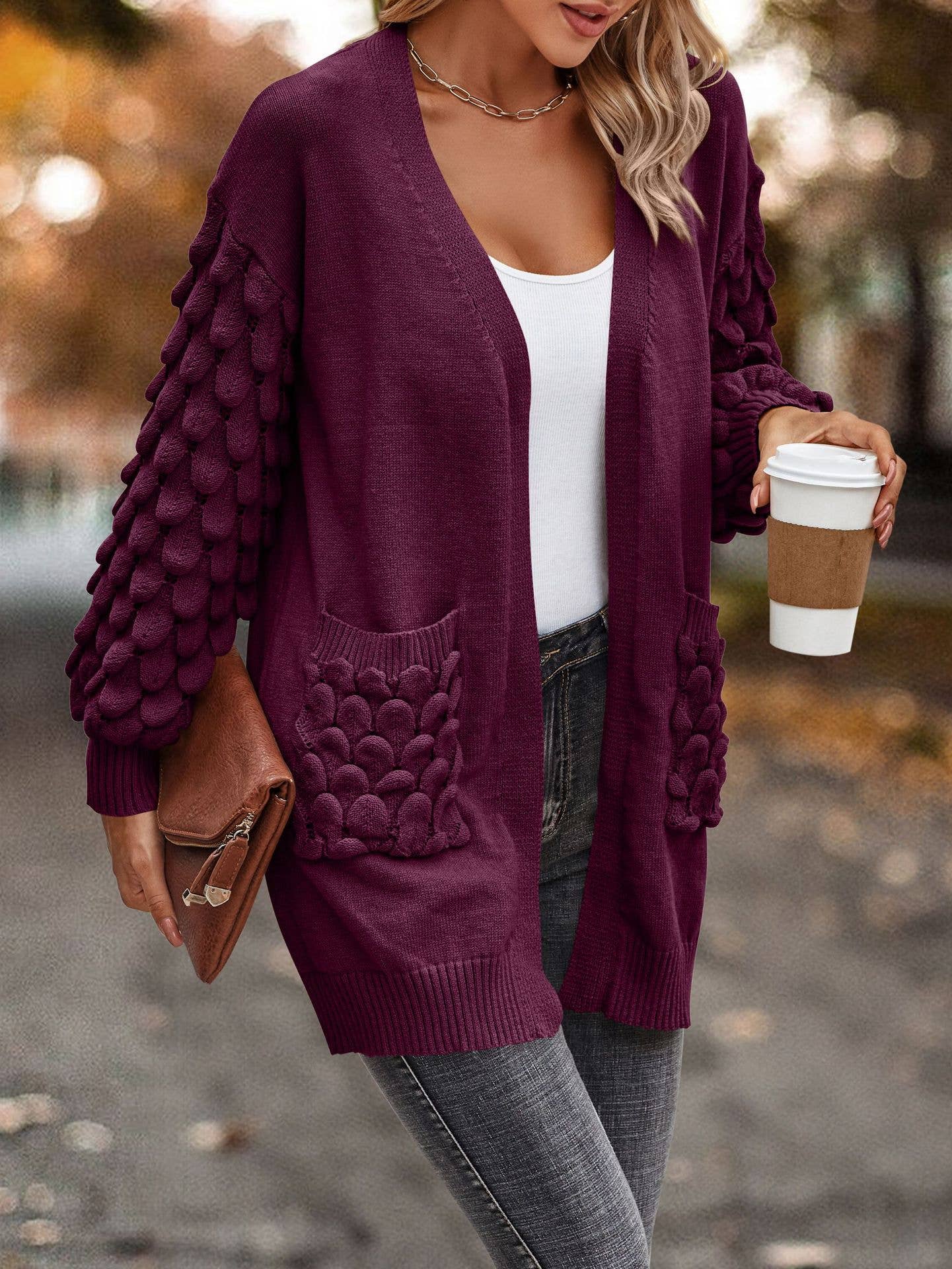 FEATHERED V-NECK LONG SLEEVE KNIT CARDIGAN