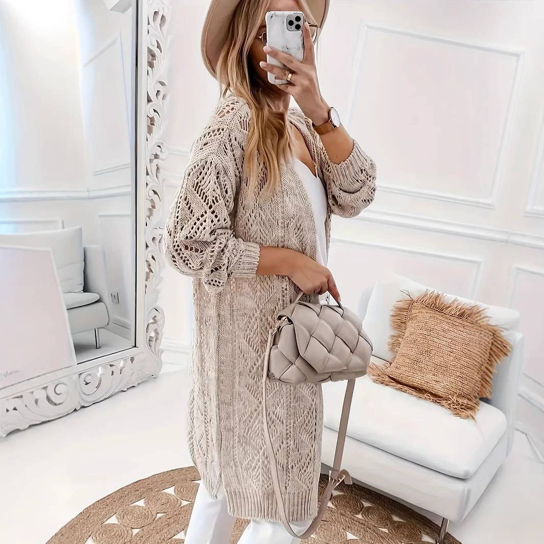 Solid color coarse knit unbuttoned cardigan