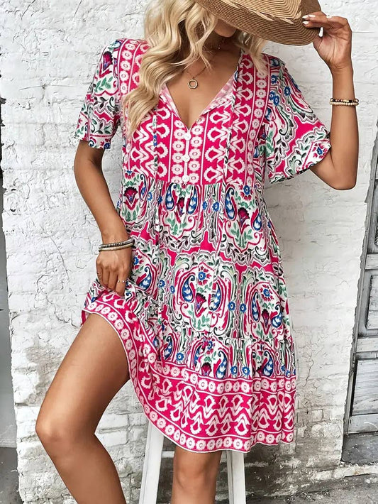 Ethnic style prints loose V-neck short dress