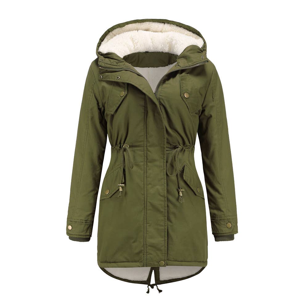 Solid color hooded parka thick fleece jacket