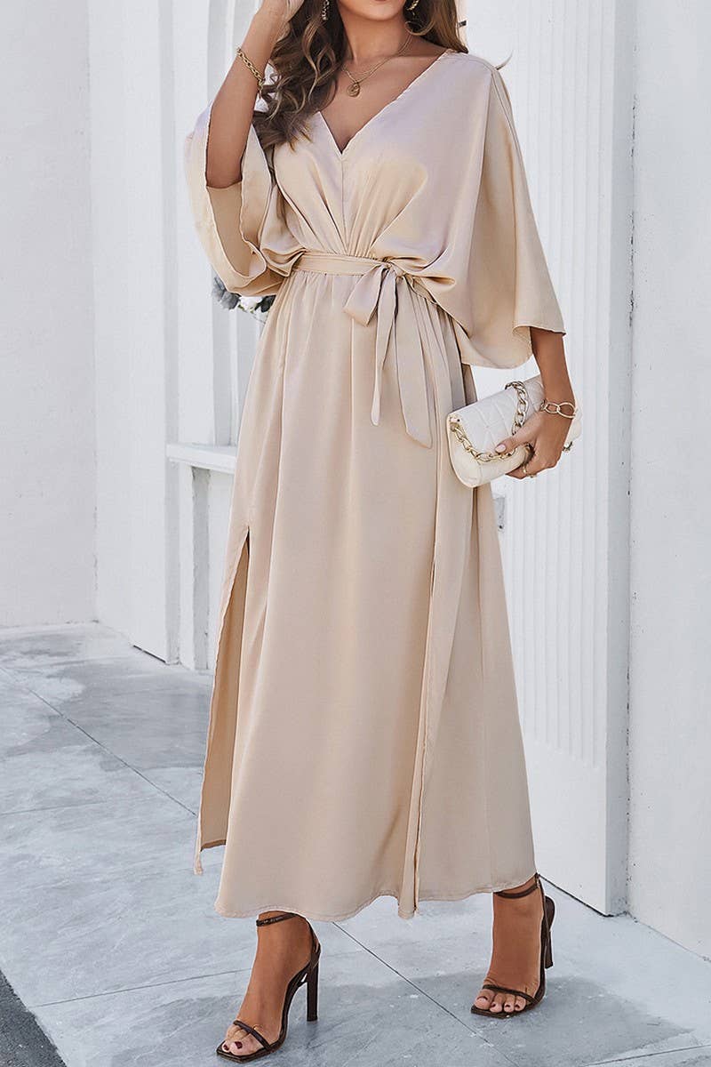 CWDMD1334_V-Neck 3/4 Sleeve With Belt Maxi Dresses