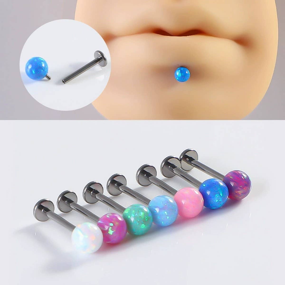 Stainless Steel Opal Lip Stud Straight Barbell_CWMM9589