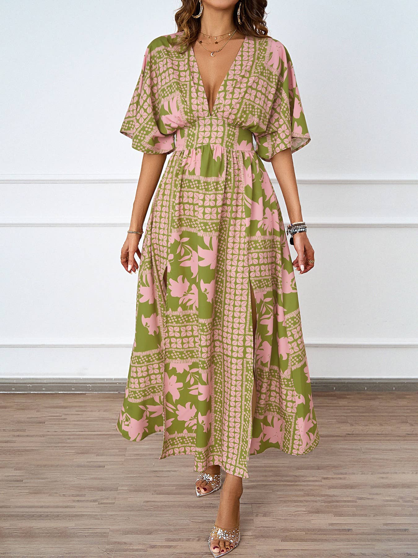 SEXY V-NECK SHORT SLEEVE PRINTED WAIST DRESS