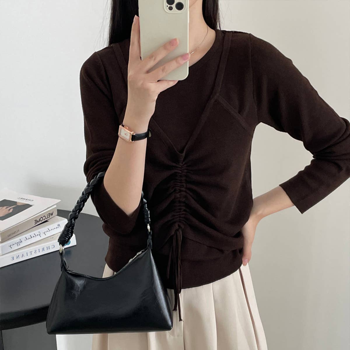 Fake two drawstring slimming knit long-sleeved tops