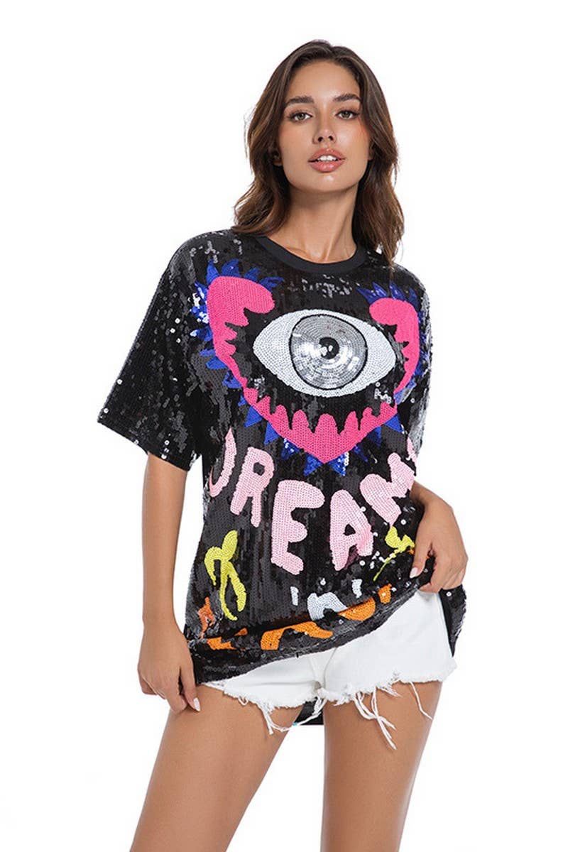 CWDHL1052_SUMMER SEQUINED LOOSE SHORT-SLEEVED TOP