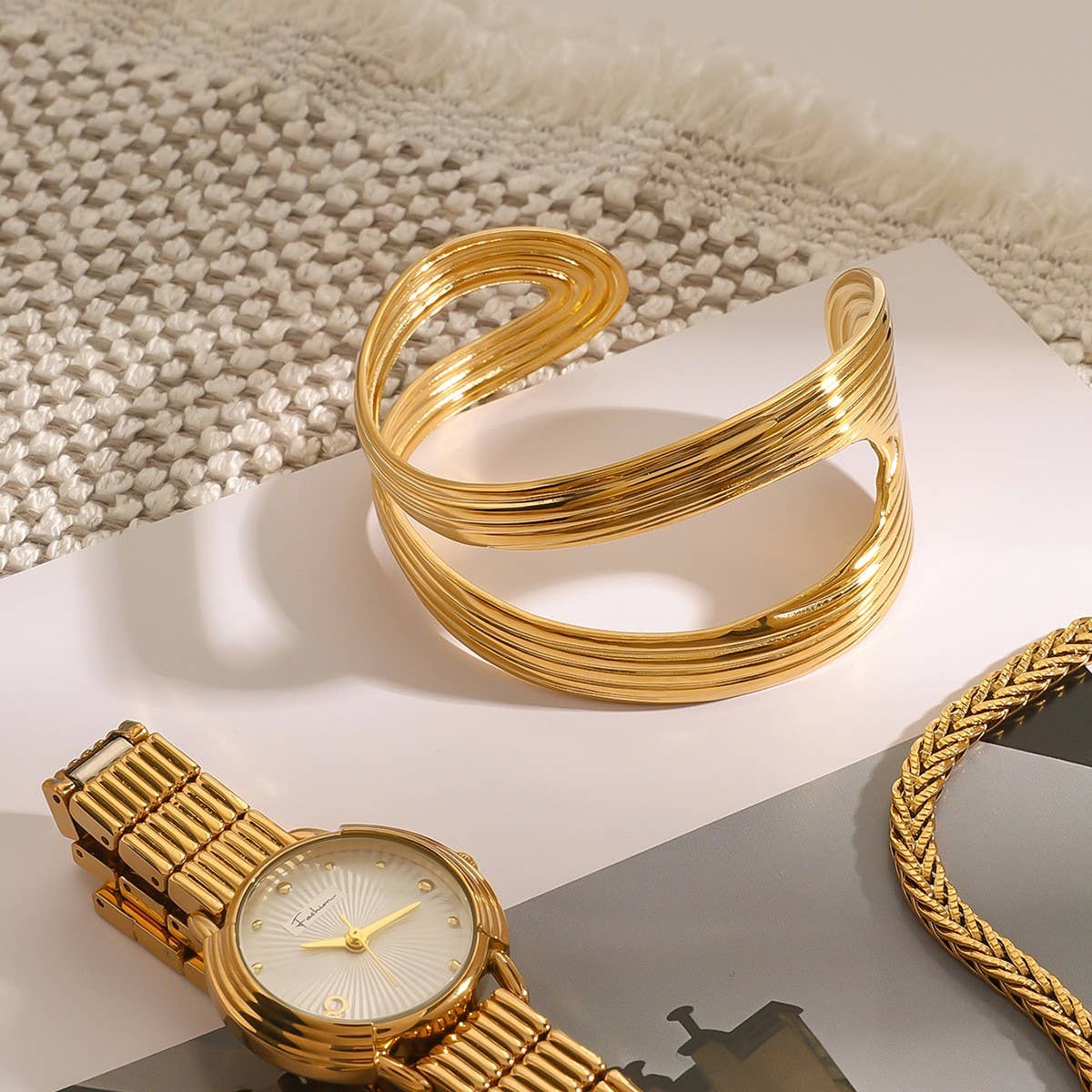 Trendy Double Layer Ribbed Open Bangle, 18K Gold