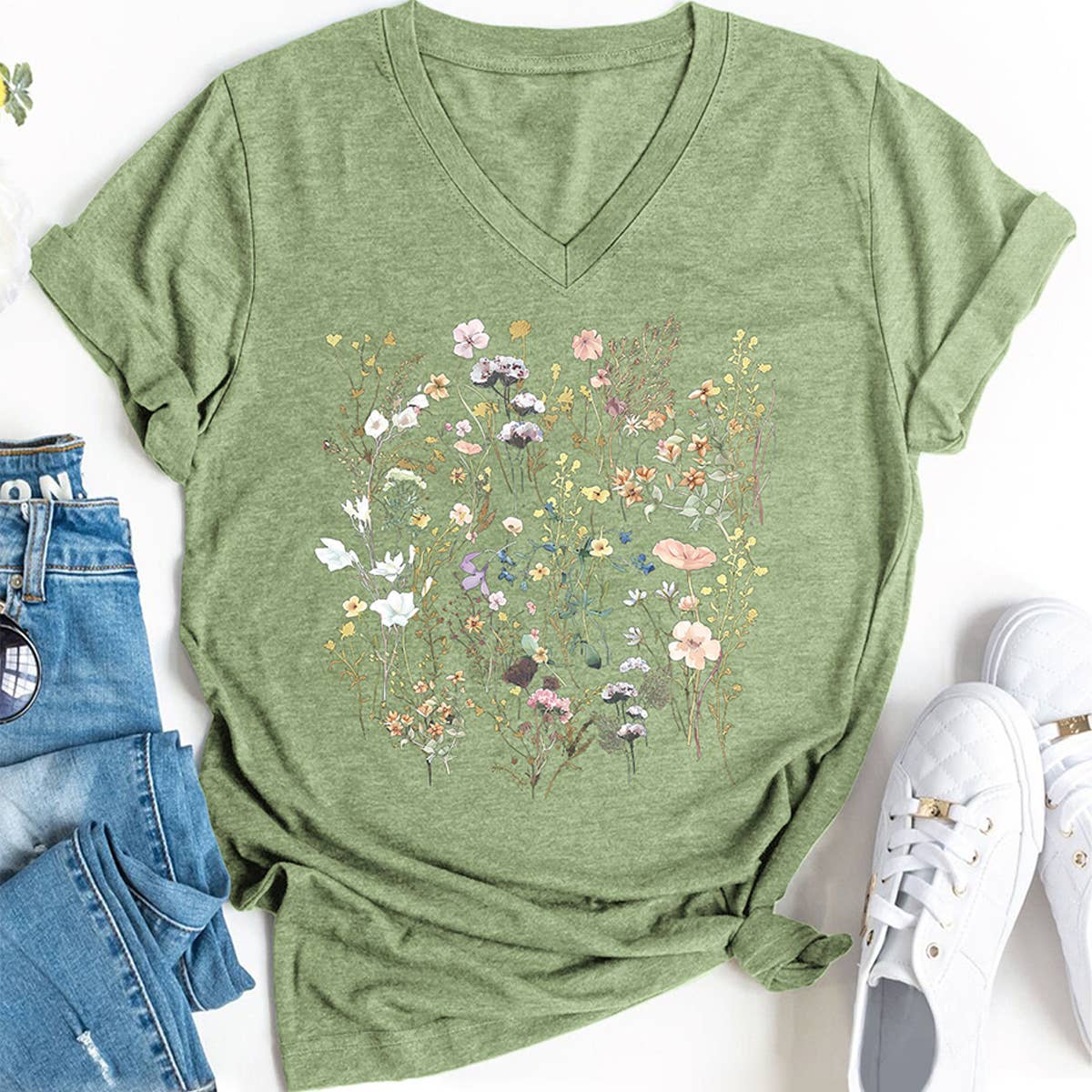 Floral V-Neck Graphic Tee for Women, Loose Fit