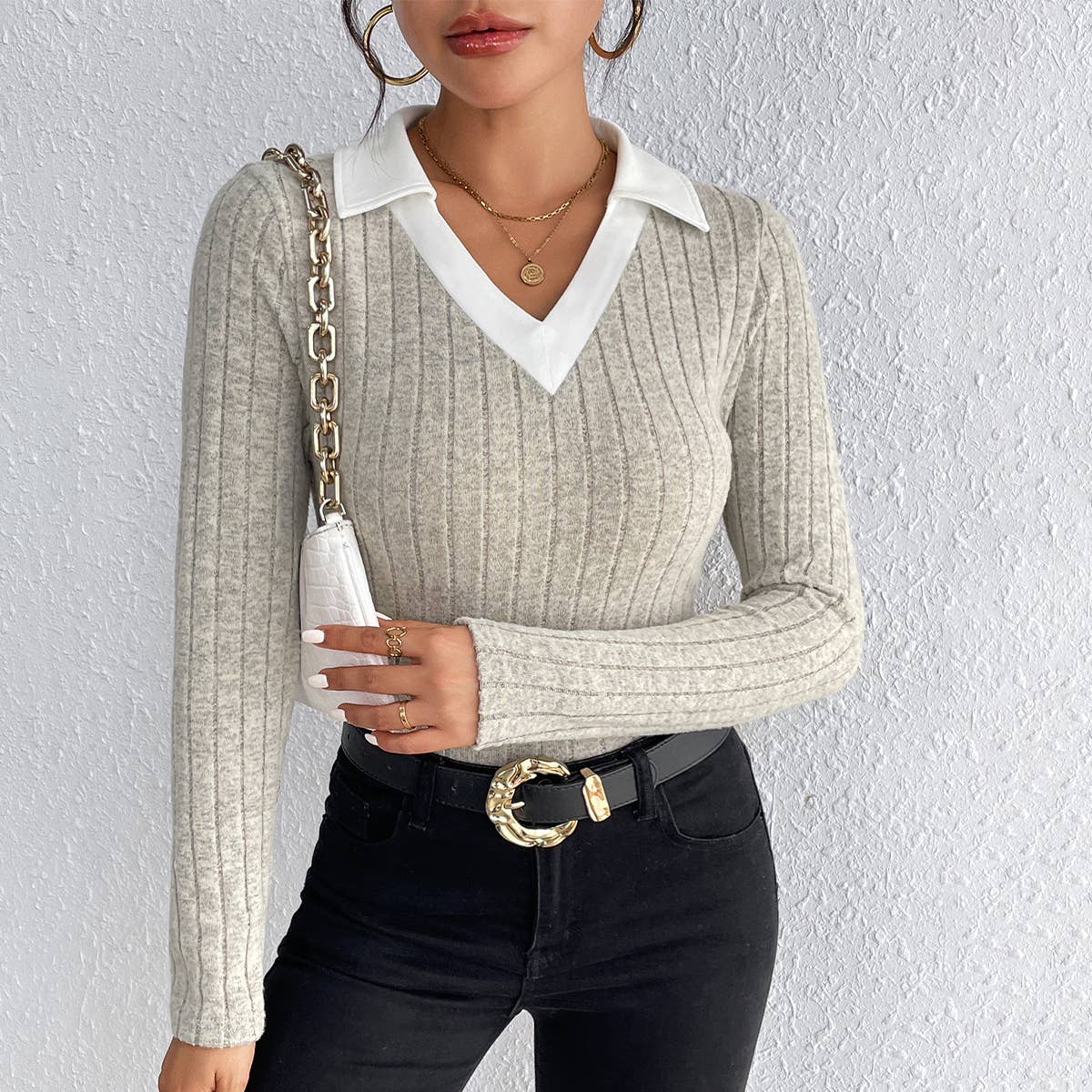 V-NECK SIMPLE KNIT LONG SLEEVE BASE