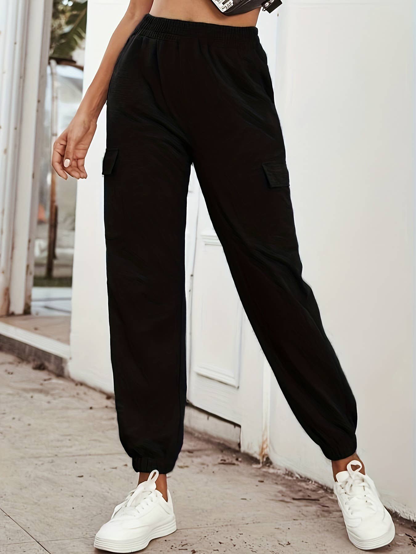 SPORT SOLID COLOR HIGH-WAISTED POCKET LEG PANTS
