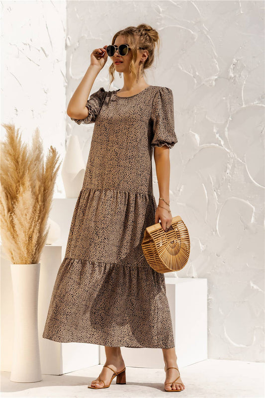 Puffed sleeve polka dot plaid patchwork dress