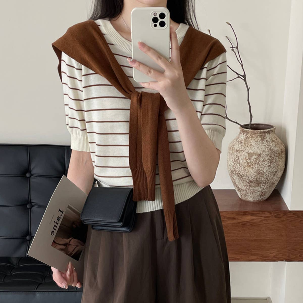 Literary cape striped knitted blouse two-piece set