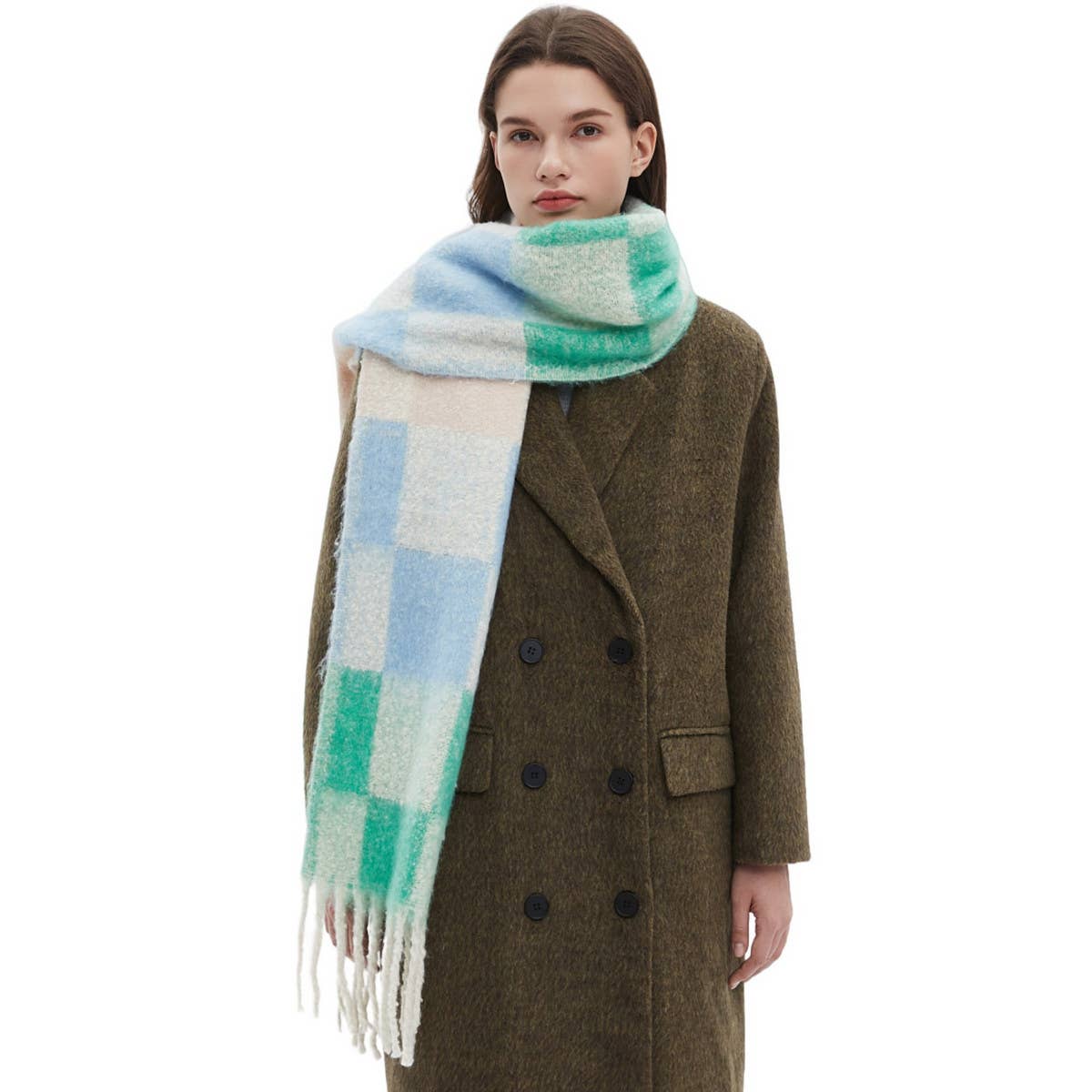 Tassel Circle Yarn Checkered Scarf for Fall/Winter