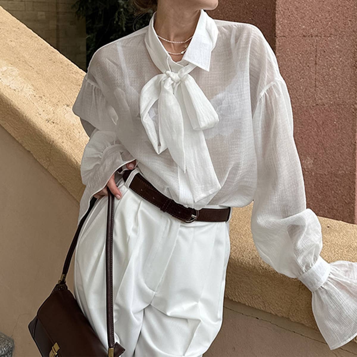 Sheer tie-front shirt in luxe crinkle fabric