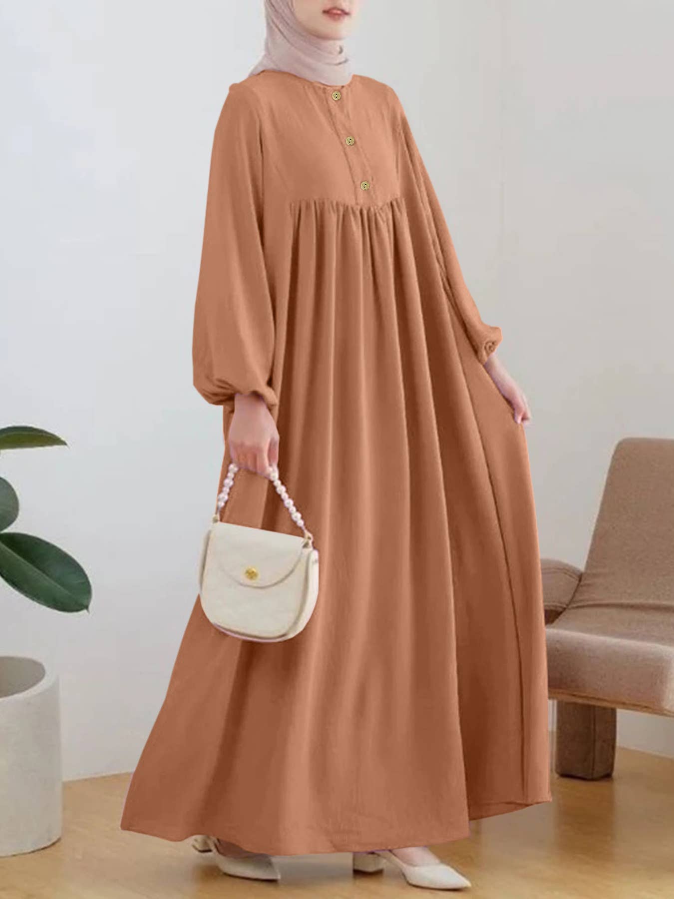 Fashion puffed-sleeve loose solid-color dress
