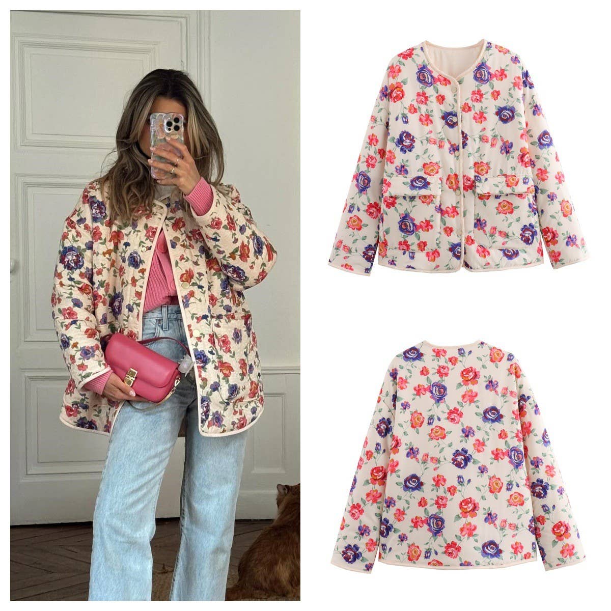 FLORAL PRINT V-NECK LOOSE CARDIGAN QUILTED JACKET