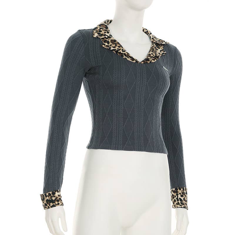 LEOPARD PRINT PATCHWORK KNIT LONG SLEEVE T-SHIRT