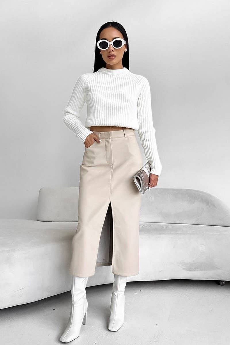 CWBMS0250_VINTAGE PLUS VELVET PU LEATHER SLIT SKIRT