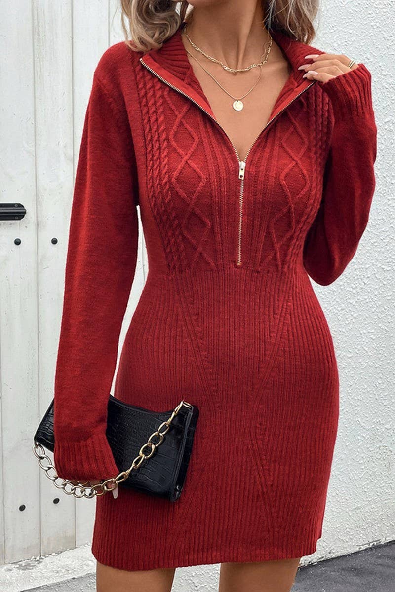 CWDSD6195_ZIPPERED STAND COLLAR KNITTED RED SWEATER DRESS