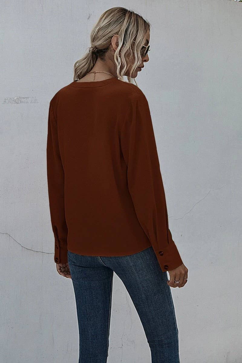 V NECK LONG SLEEVED PLEATED PULLOVER SHIRT_CWTSTL0695