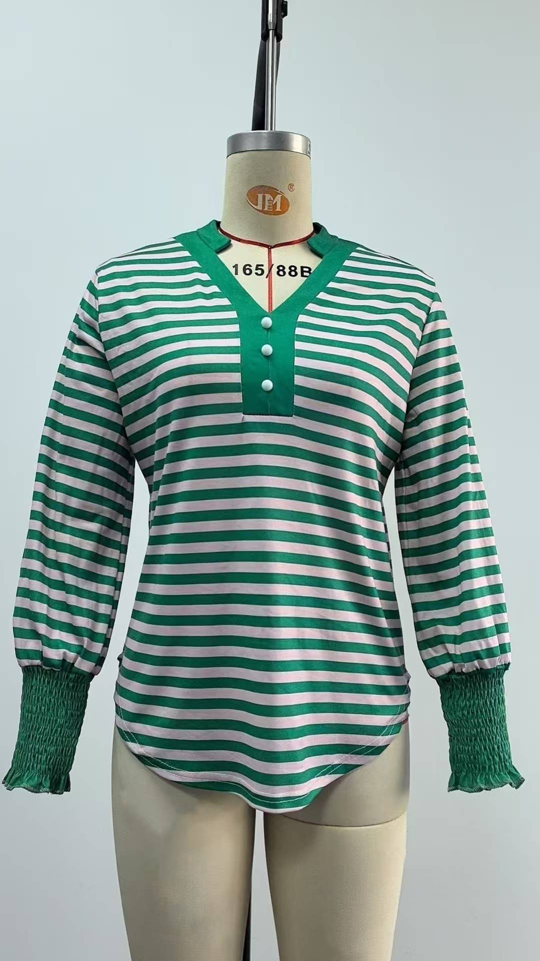 V-neck long-sleeved striped color-blocked top