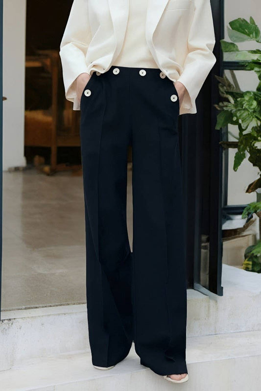 CWBLP2190_BUTTON SIDE ZIP FLARED STRAIGHT LEG PANTS