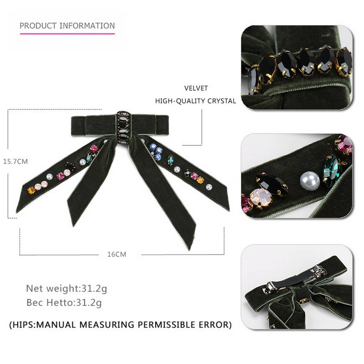 VELVET BOW PERSONALIZED DIAMOND PEARL HAIRPIN