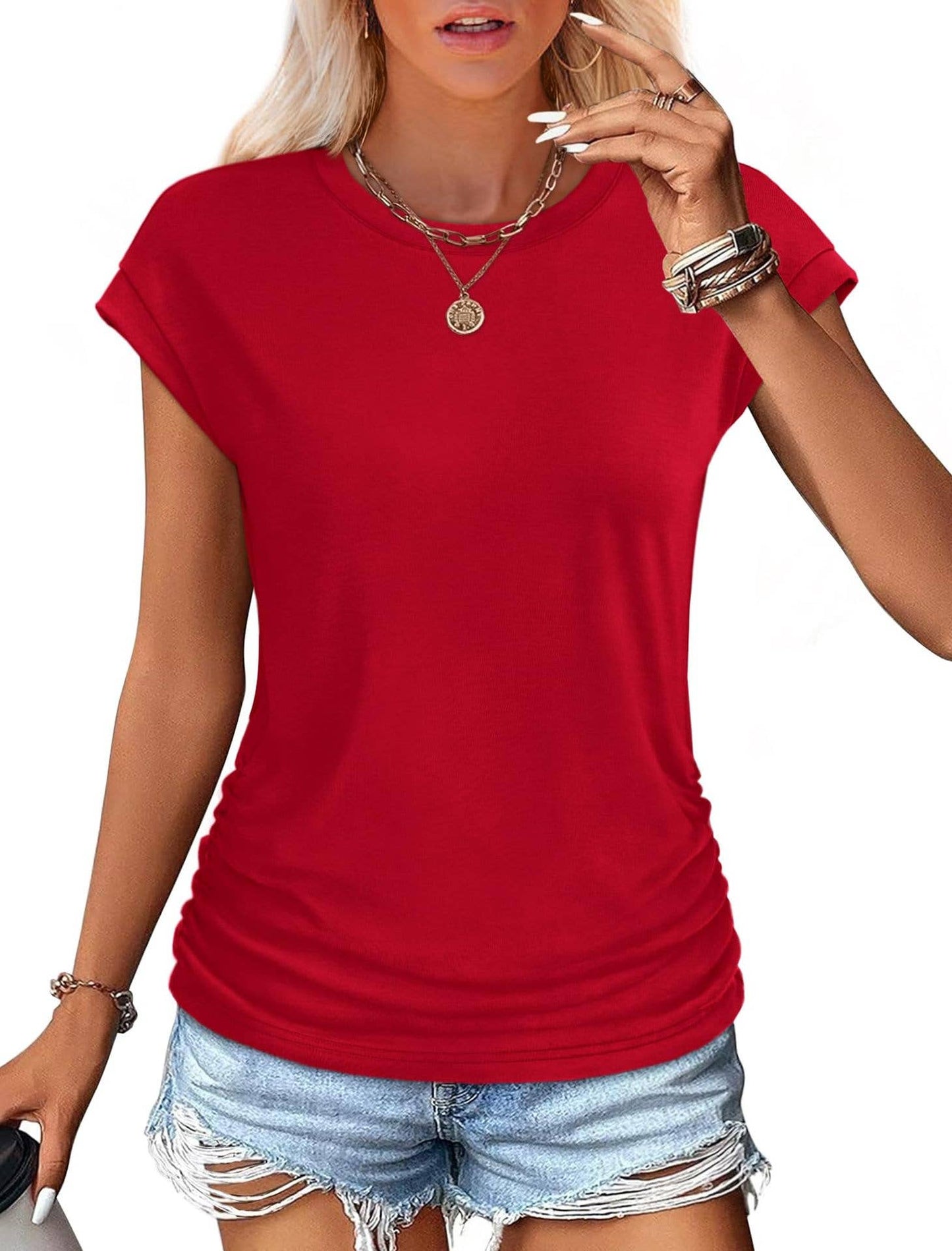 Solid color round neck waistline T-shirt