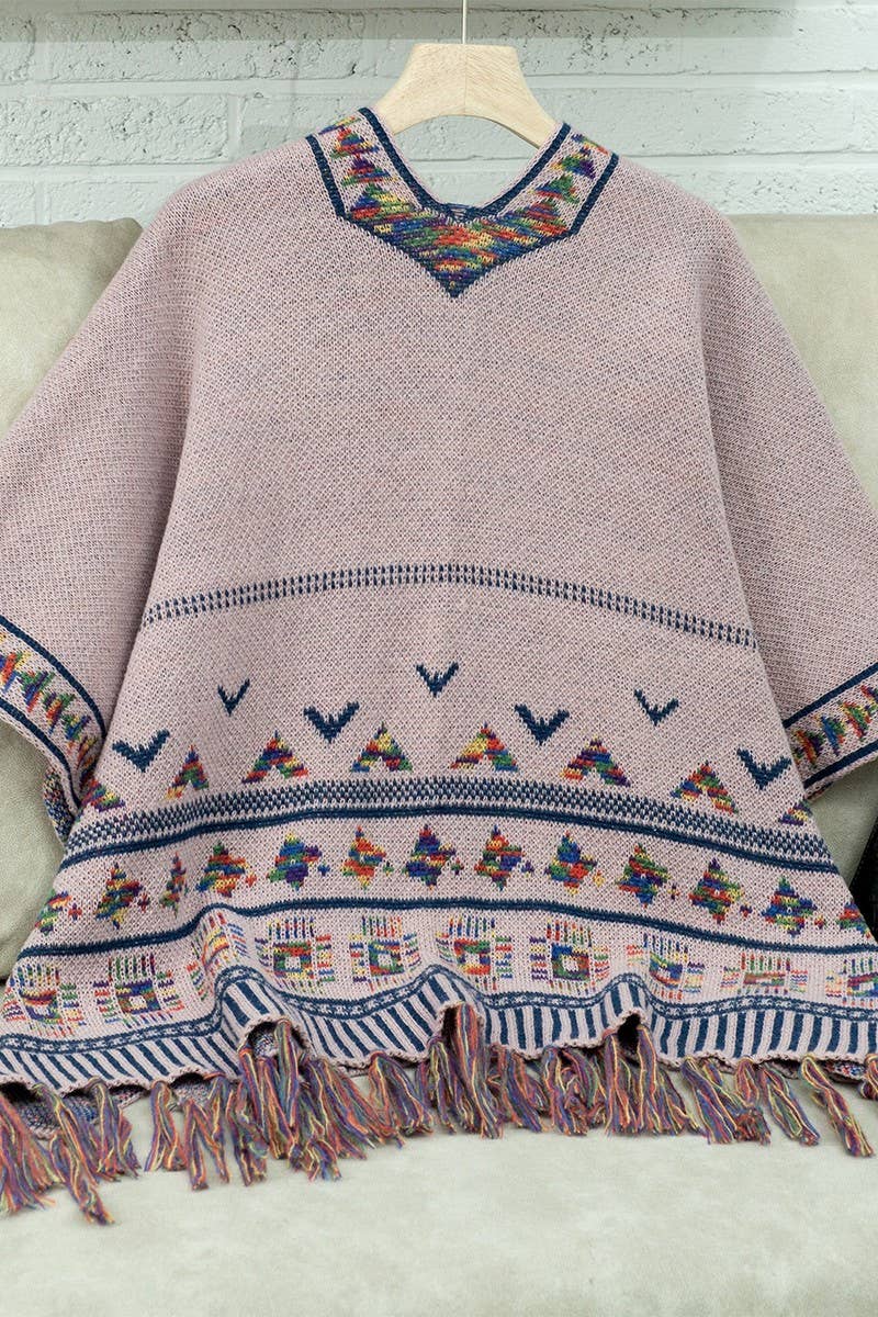 CWOSWS0090_LOOSE KNITTED TASSEL JACQUARD CAPE SHAWL