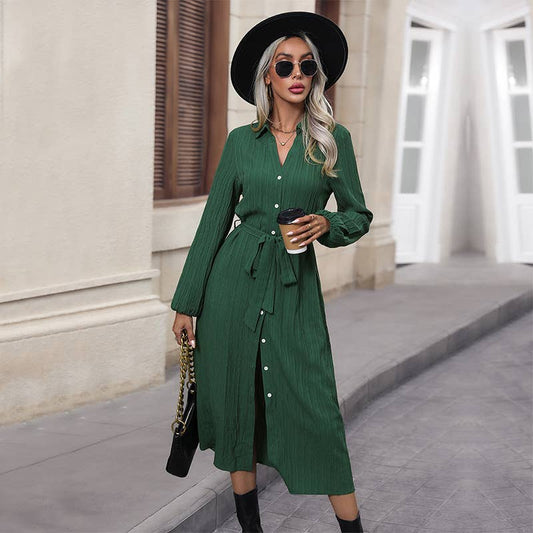 LONG-SLEEVED PLEATED LAPEL SHIRT DRESS