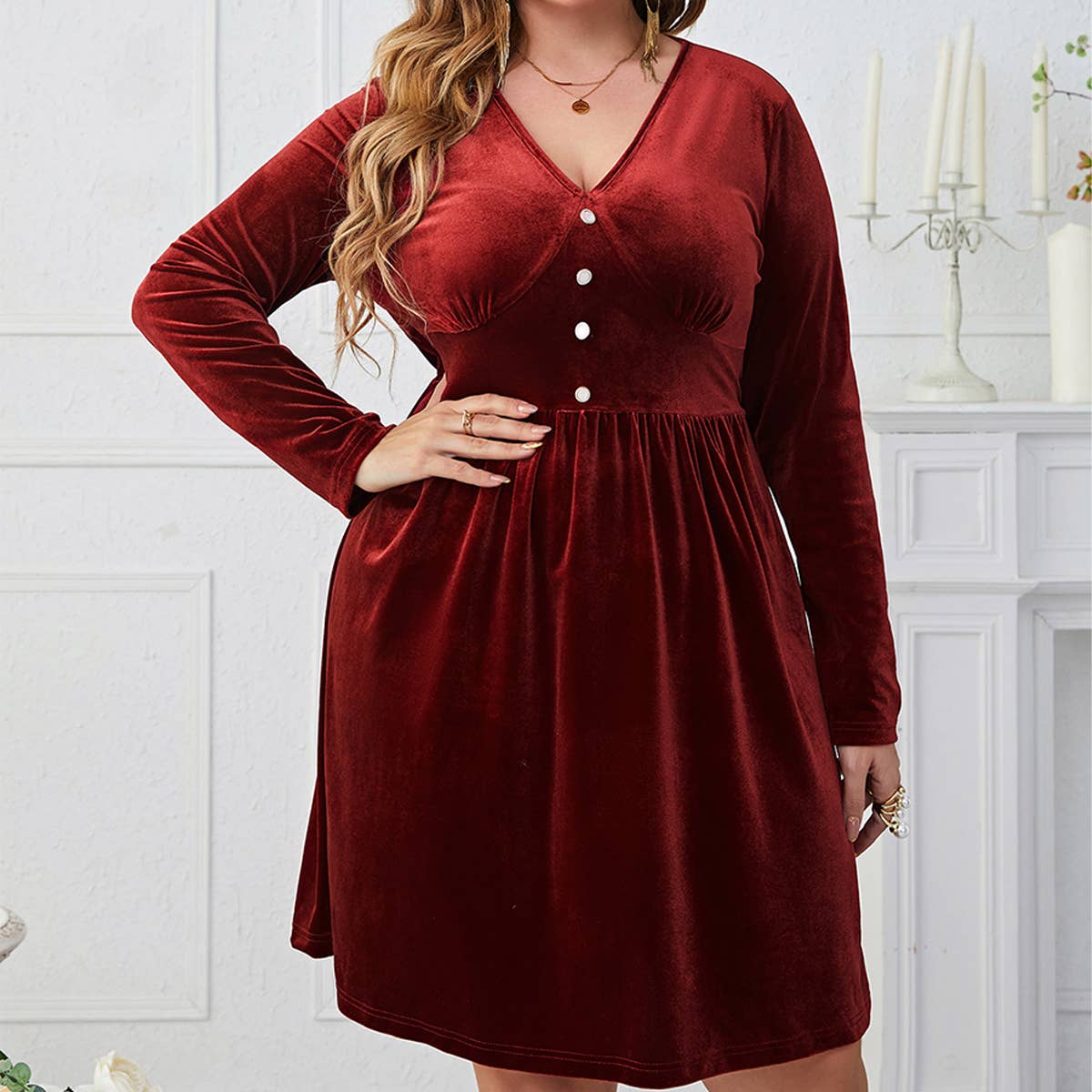 Deep Red V-Neck Slim Fit High Waist Dress