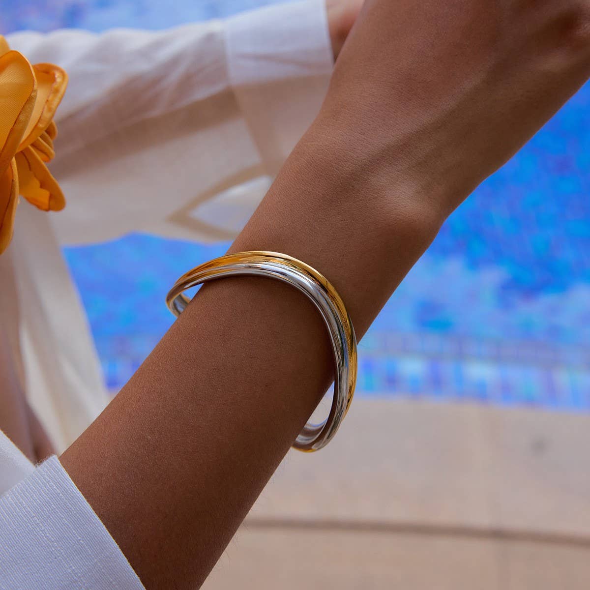 Gold-Silver Wave Bangle in 18K Stainless Steel