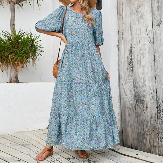 Puffy sleeve crew neck floral print long dress