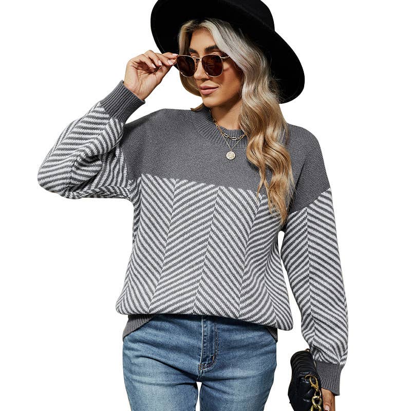 LONG SLEEVE CREW NECK JUMPER STRIPED KNIT SWEATER