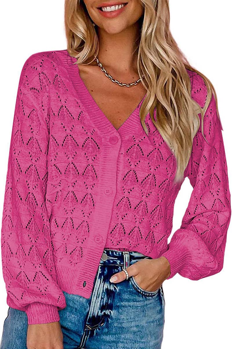 LONG SLEEVE CROCHET V-NECK CARDIGAN