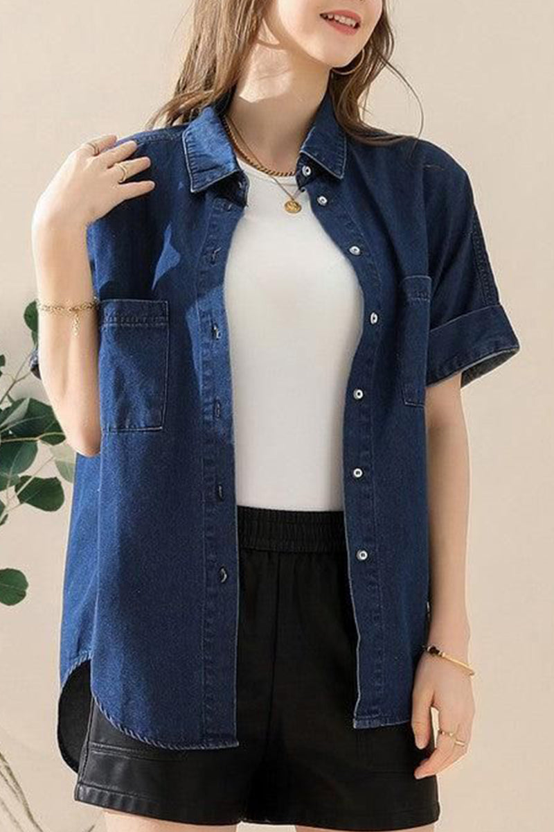 DENIM ROLL UP SHORT SLEEVES TWO POCKET SHIRTS
