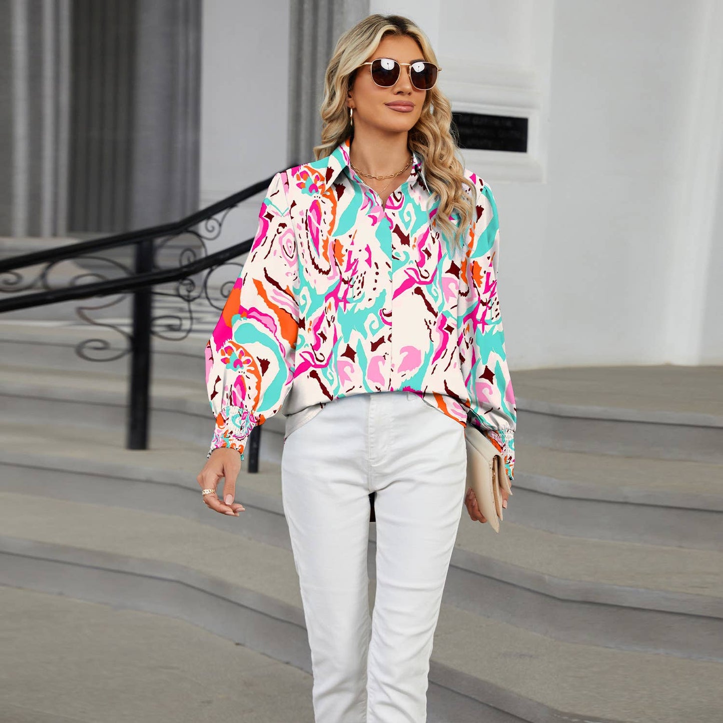 LAPEL FLORAL PRINT CASUAL LONG-SLEEVED SHIRT