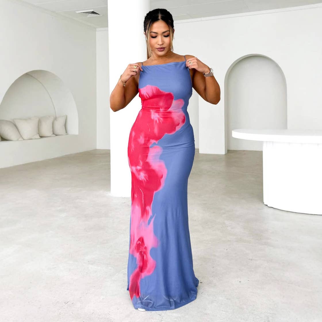 Slim-fit halter contrast color floral print dress