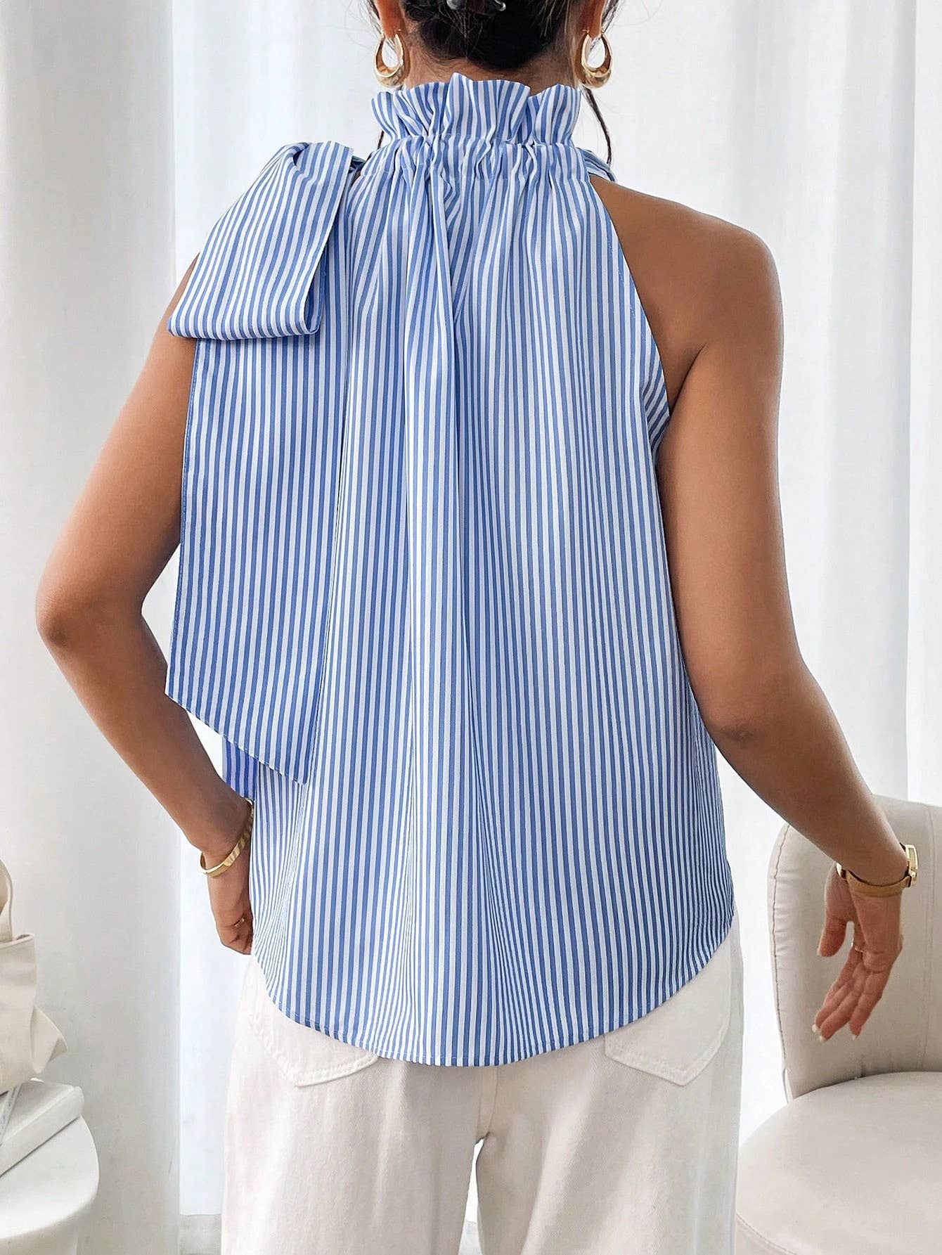 Fashion striped lace high-neck knot-tied T-shirt