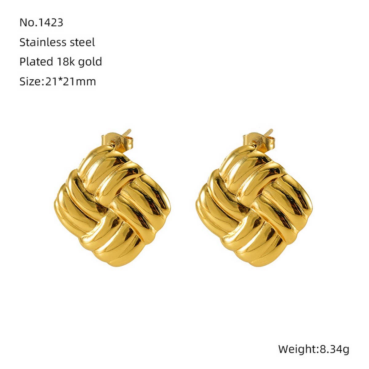 CWAJE1938_Stainless Steel Square Grain Stud Earrings,Gold