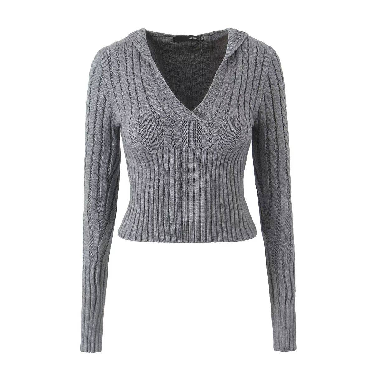 V-NECK HOODED SHORT KNIT SWEATER