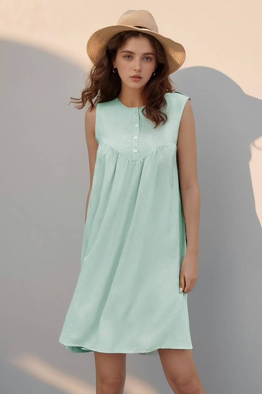 CWDSD6697_SOLID COLOR ROUND NECK PLEATED SLEEVELESS DRESS